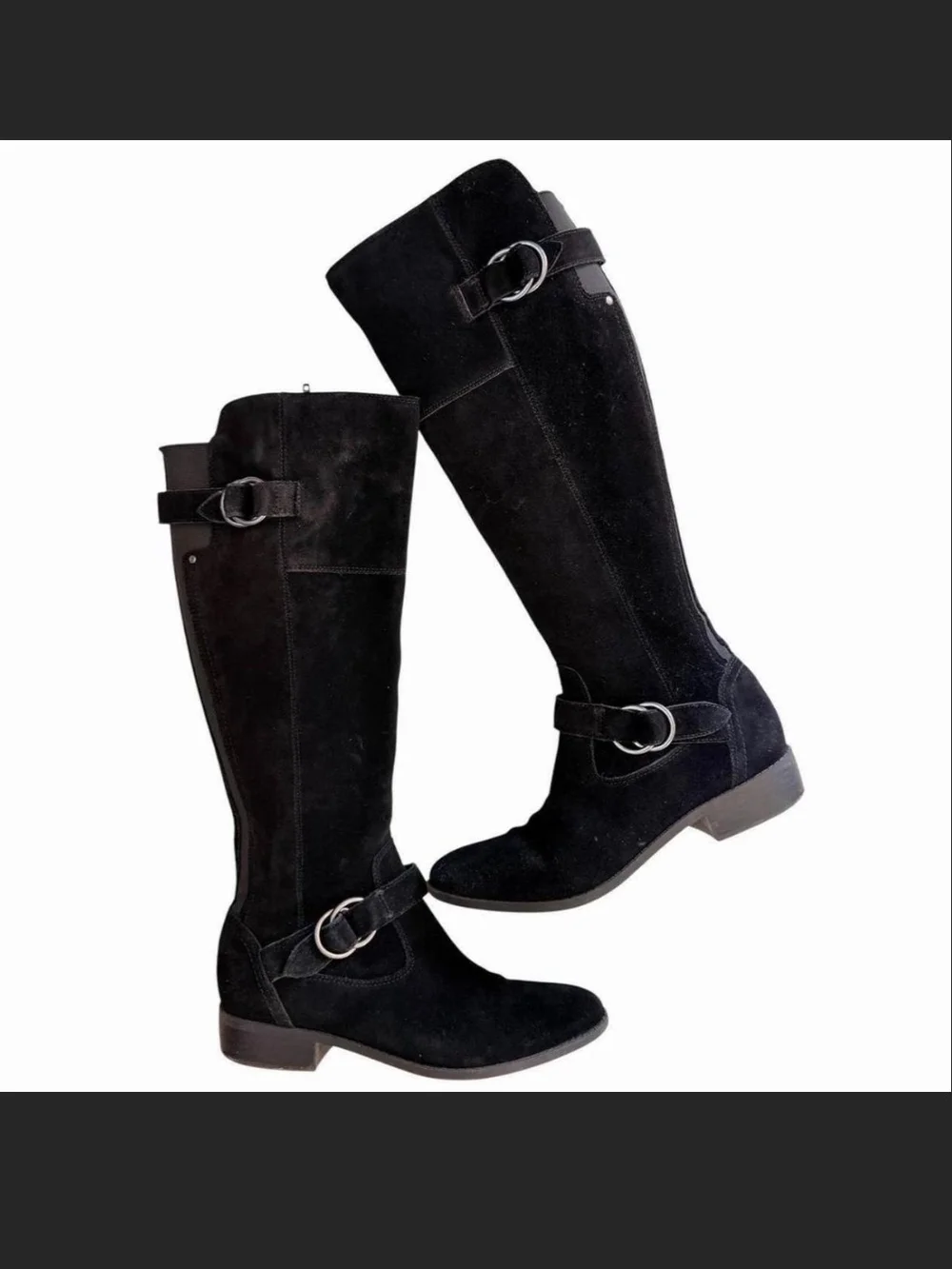 Crown Vintage black suede knee high boots with buckle, Size 8.5